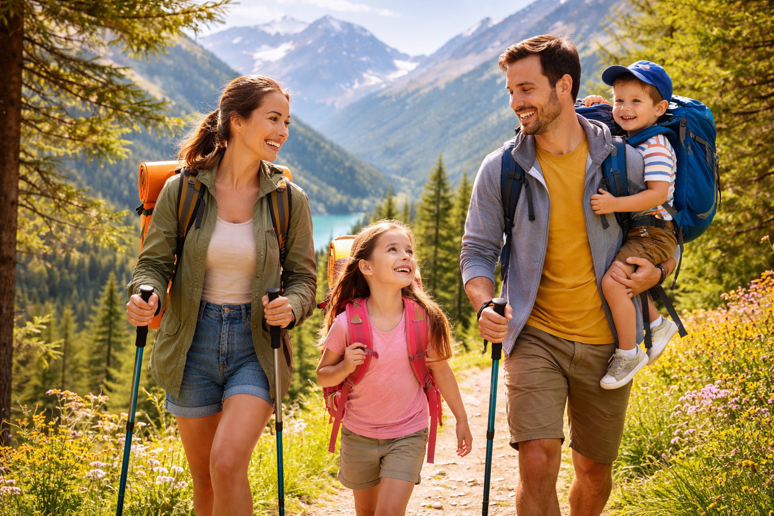 family hiking with kids