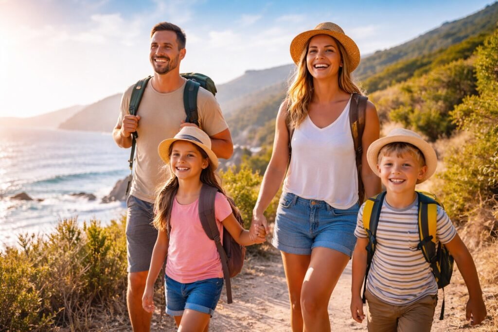 Family traveling together with kids on a coastal hiking trip
Family traveling together with kids on a coastal hiking trip